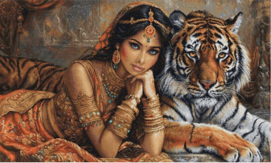 Counted Cross Stitch Kit Indian princess with tiger DIY Luca-S