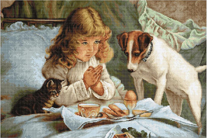 A tapestry embroidery kit depicting a scene with a child and a dog in front of a unprinted canvas, with various components like threads, a needle, and a color photo of the finished picture.