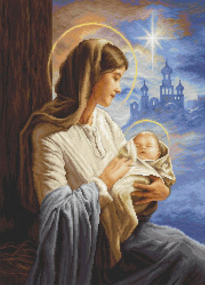 A tapestry embroidery kit depicting the Virgin Mary holding baby Jesus, with a cityscape in the background.