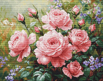 Cross-stitched design of pink roses with green leaves and small purple flowers.