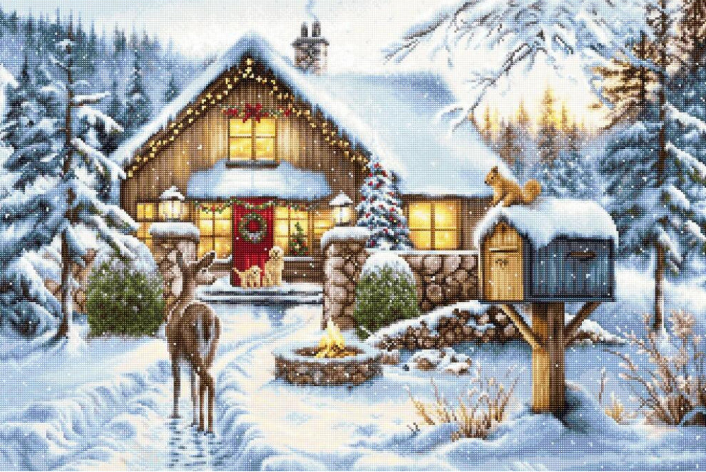 A snowy winter village scene with a log cabin lit from within, snow-covered trees, a deer in the foreground, a mailbox with a cat on top, and a small fire pit near the cabin.