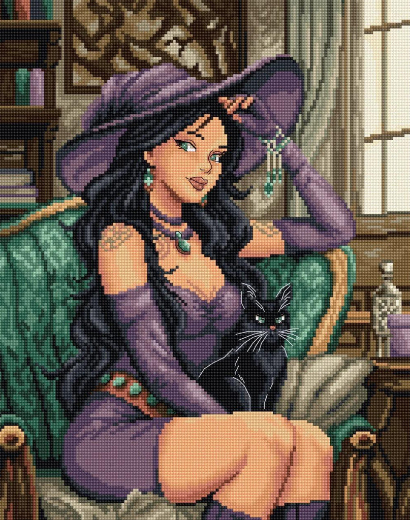 A pixel-art style illustration of a woman in a purple witch hat and matching purple outfit seated on a green armchair, holding a black cat in an indoor room with bookshelves and a window.