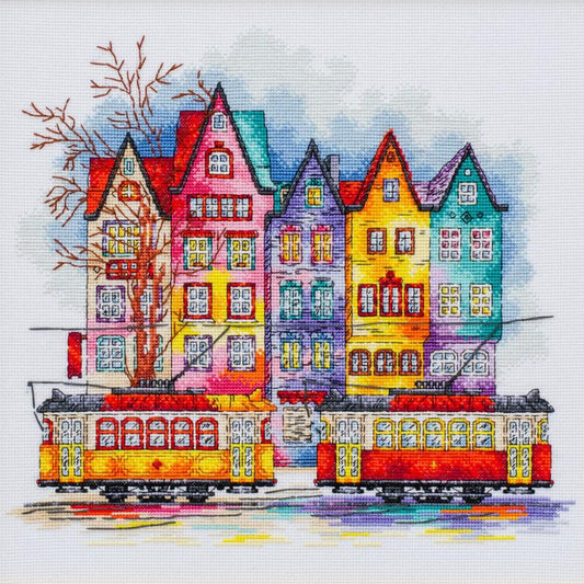 Colorful houses with a tram on a white background