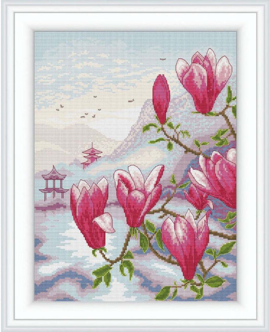 Cross-stitched design of pink flowers with a scenic background