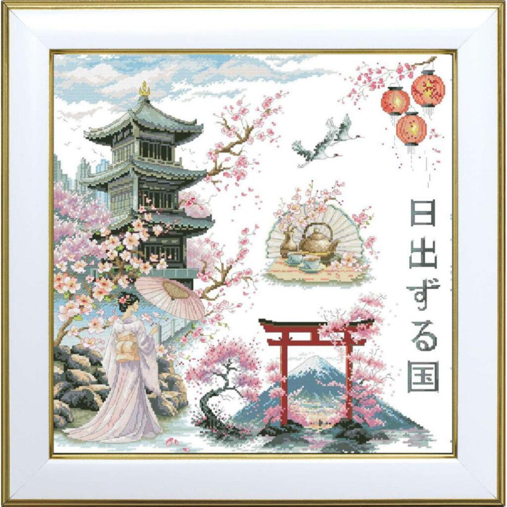 Decorative image of a Japanese scene with cherry blossoms, a pagoda, and a geisha.