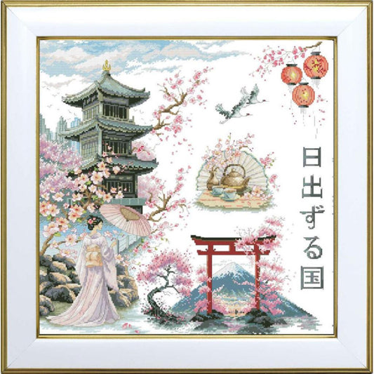 Decorative image of a Japanese scene with cherry blossoms, a pagoda, and a geisha.