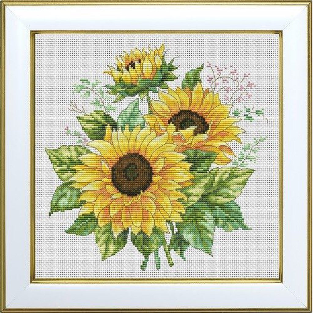 Cross-stitched sunflowers with a gold frame