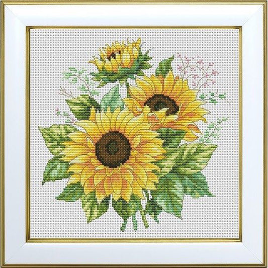 Cross-stitched sunflowers with a gold frame