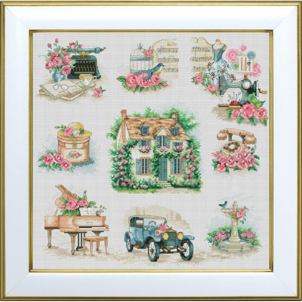 Decorative cross-stitch pattern with vintage elements including a house, car, and flowers.