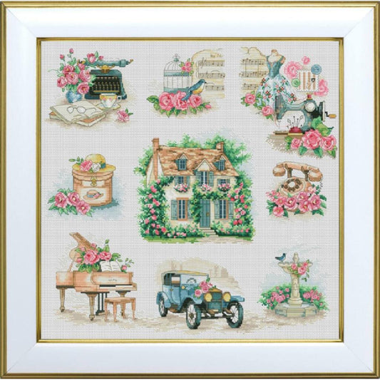 Decorative cross-stitch pattern with vintage elements including a house, car, and flowers.