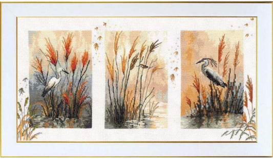 Triptych painting of birds and reeds in a natural setting with a gold frame.