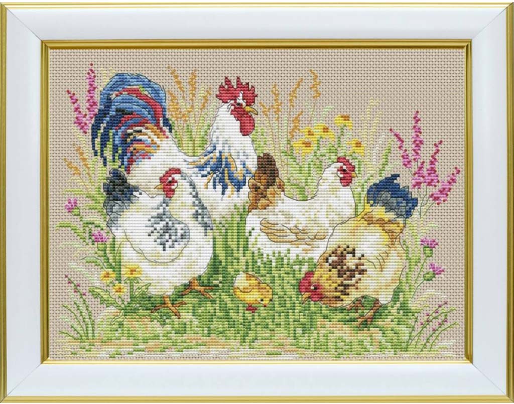 Cross-stitched design of chickens and a rooster in a garden setting with flowers and grass.