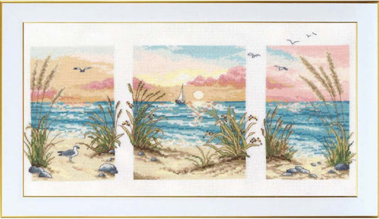 Triptych of beach scenes with seagulls and grasses, framed by a gold border.