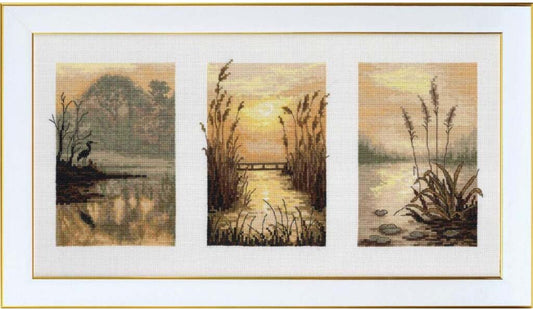Triptych landscape with reeds and a bridge over water, framed in gold.