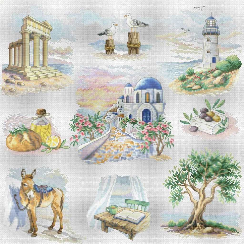 A cross-stitch style illustration featuring multiple Mediterranean scenes and objects: classical columns, seagulls, a lighthouse, a blue-domed building, flowers, olives, a donkey, a bench with an open book, and a tree, all rendered in soft pastel colors on a light fabric-textured background.