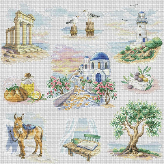 A cross-stitch style illustration featuring multiple Mediterranean scenes and objects: classical columns, seagulls, a lighthouse, a blue-domed building, flowers, olives, a donkey, a bench with an open book, and a tree, all rendered in soft pastel colors on a light fabric-textured background.