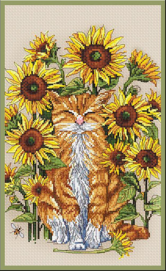 Kreuzstichset „Katze in Sonnenblumen“ zum Selbermachen, unbedruckte Leinwand 