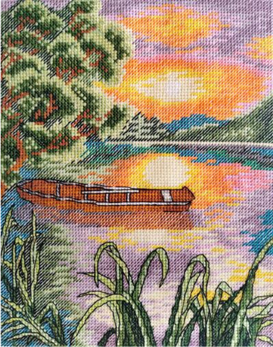 Kit de point de croix compté Bateau au coucher du soleil DIY Toile non imprimée 