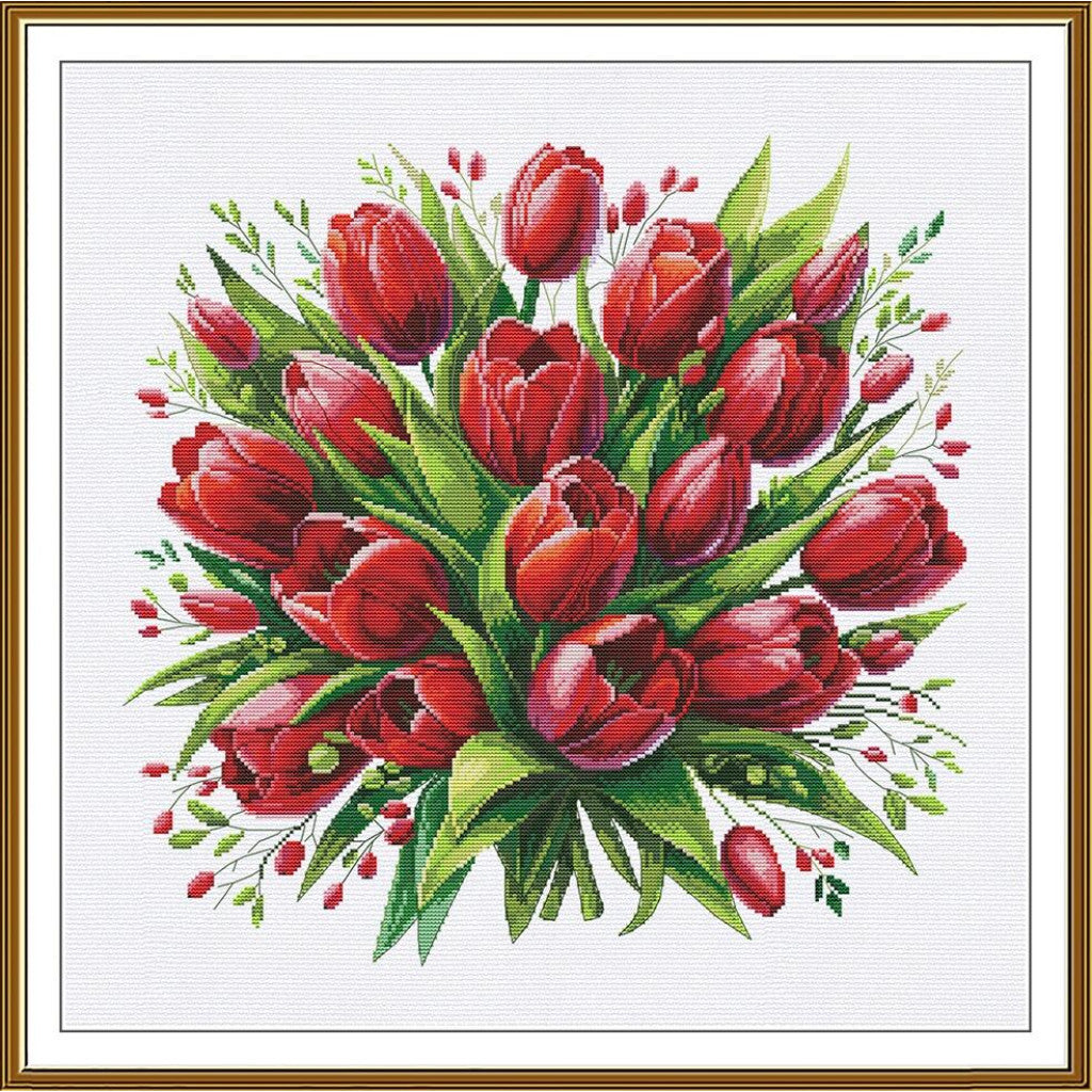 A framed floral artwork showing a bouquet of red tulips with green leaves on a white background, enclosed in a thin gold-toned frame.