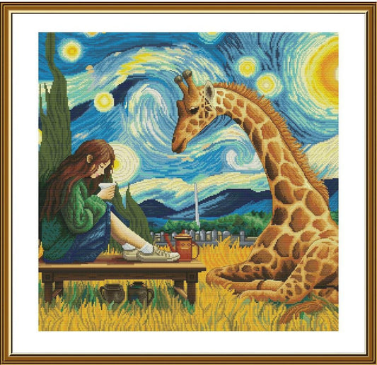 Counted Cross Stitch Kit Girl with a Giraffe DIY Nova Sloboda