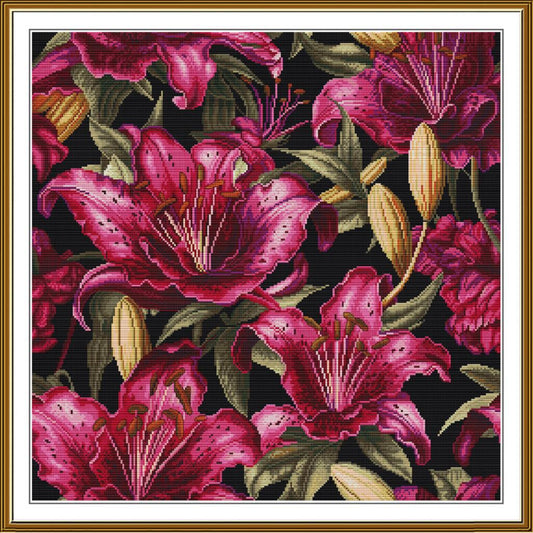 A framed floral artwork featuring large pink lily flowers with green leaves and beige buds on a black background, surrounded by a white mat and gold frame.
