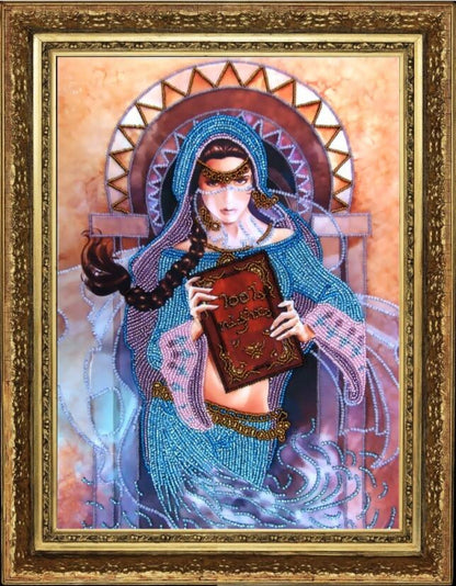 Decorative painting of a woman in a blue dress holding a book, framed in gold.