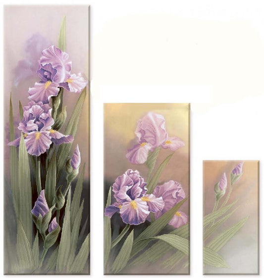 Set of three floral paintings featuring purple irises on a white background