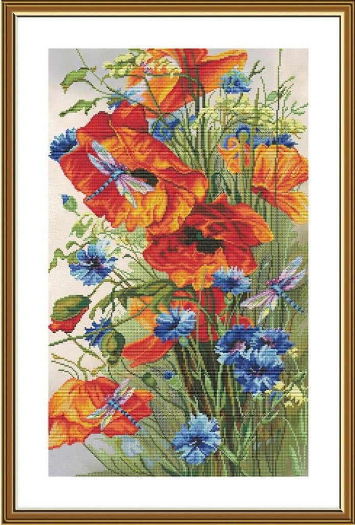 Kreuzstichset mit Mohnblumen zum Selbermachen, unbedruckte Leinwand 