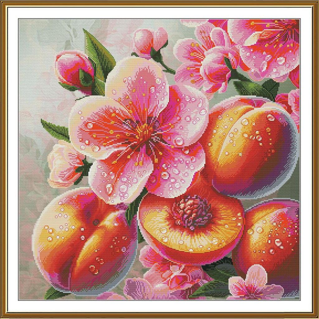 A framed floral artwork featuring pink blossoms and ripe peaches with water droplets, shown in a gold-toned frame against a white background.