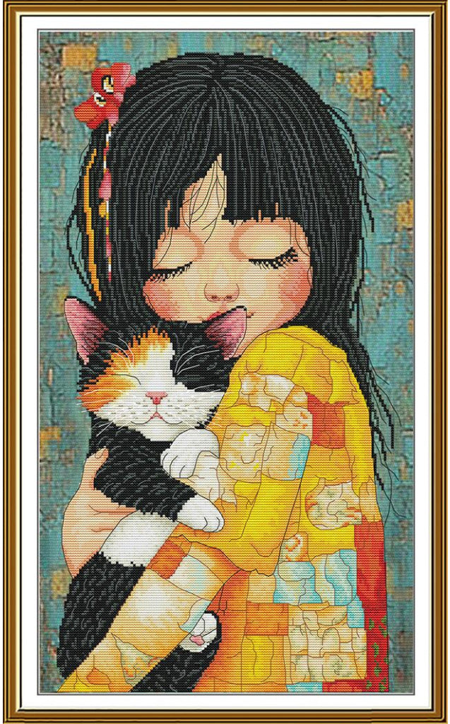 Counted Cross Stitch Kit Girl with a cat DIY Nova Sloboda