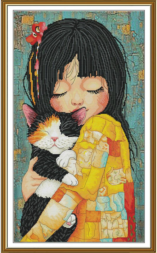 Counted Cross Stitch Kit Girl with a cat DIY Nova Sloboda