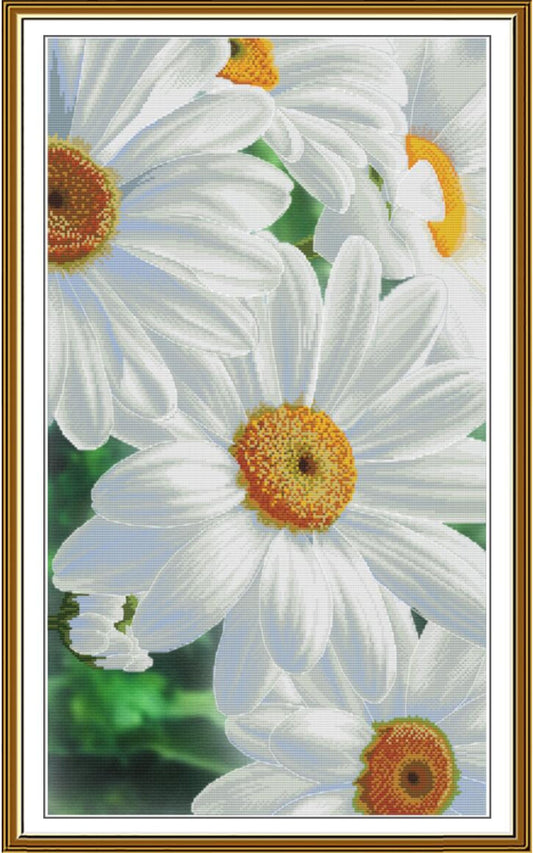 A framed floral artwork featuring large white daisy-like flowers with yellow-orange centers and soft green foliage, presented within a gold-toned frame.