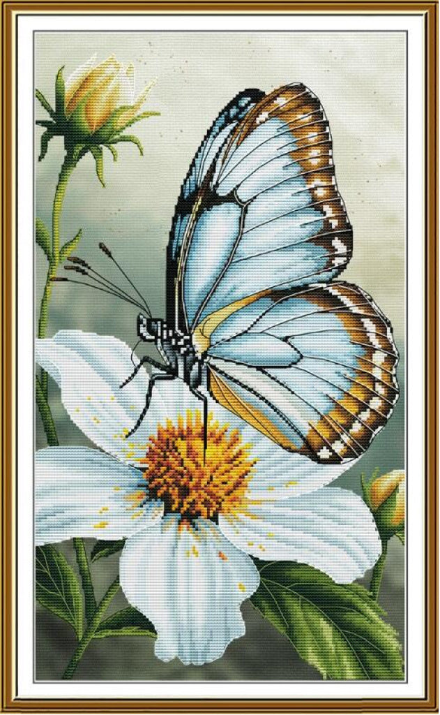 A framed cross-stitch or needlework-style floral artwork showing a pale blue and orange butterfly perched on a white flower with a yellow center, green leaves, and a muted cream background, enclosed in a gold-toned frame.