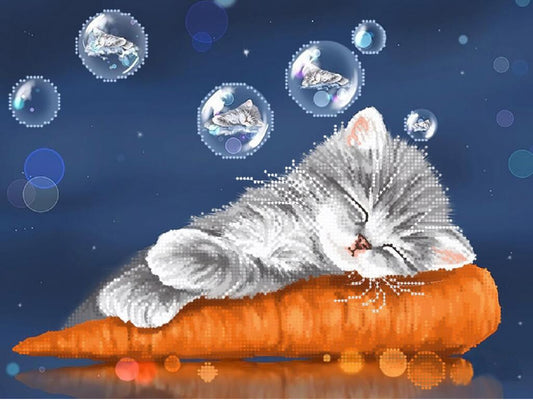 Cat lying on a carrot with soap bubbles in the background