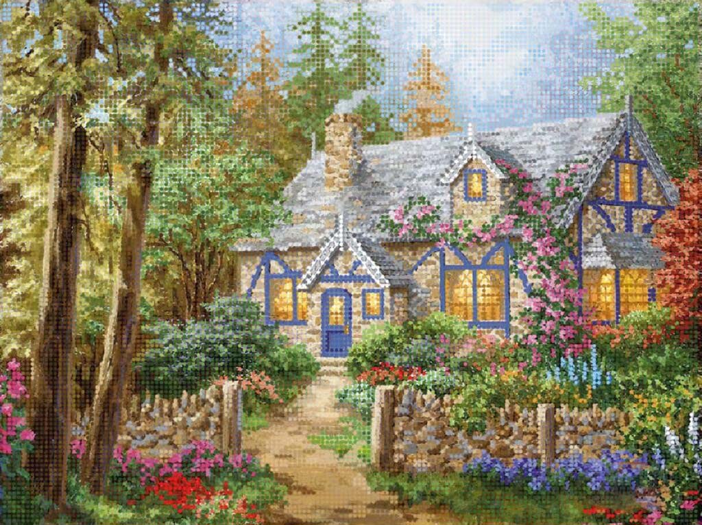 Painted lady cottage with garden and trees