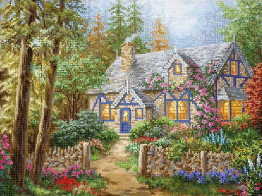 Painted lady cottage with garden and trees