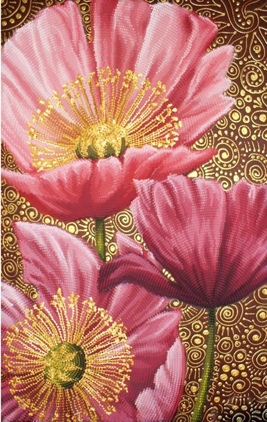 Decorative fabric with pink flowers and gold patterns on a brown background
