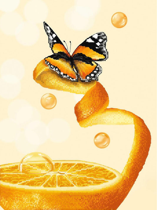 Butterfly on a sliced orange with bubbles on a yellow background