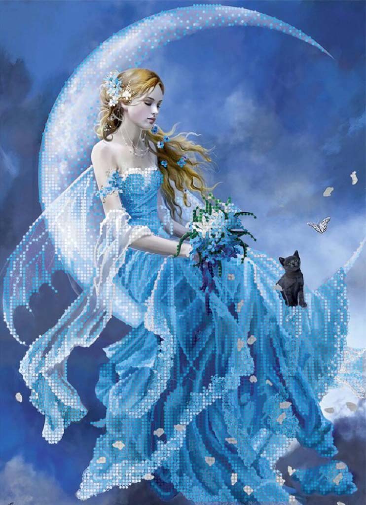 Fairy in a blue dress sitting on a crescent moon with a black cat and butterflies.