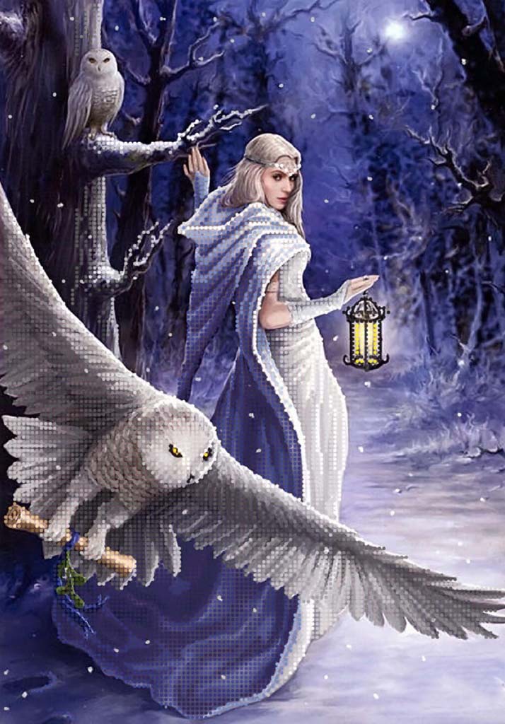 Elf in a snowy forest with an owl and lantern