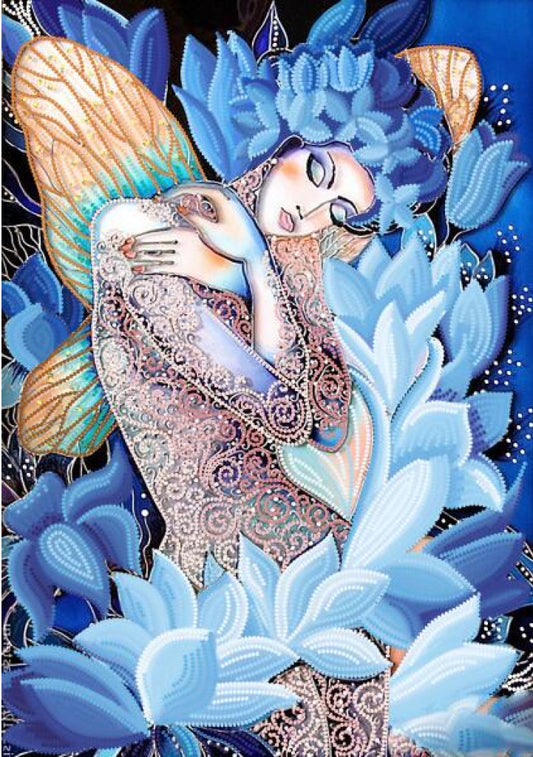 Artistic depiction of a fairy with blue flowers and intricate clothing.