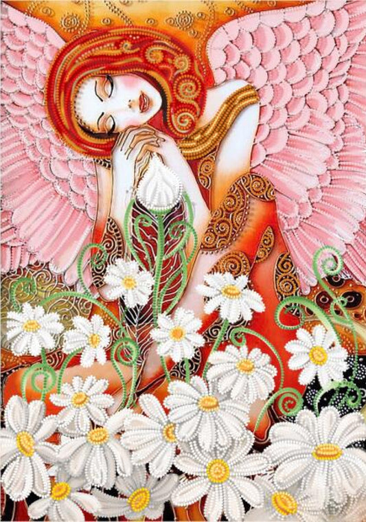 Colorful artwork of an angel surrounded by flowers