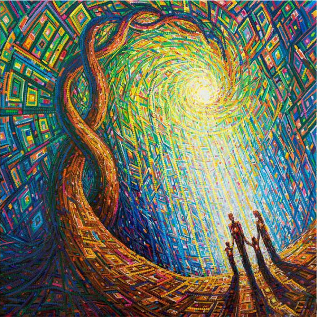 Colorful abstract artwork of a winding path leading to a bright light