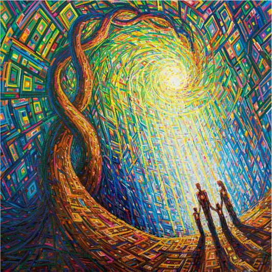 Colorful abstract artwork of a winding path leading to a bright light