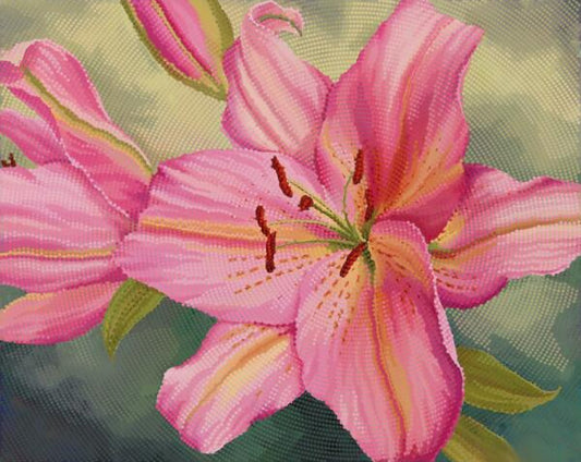 Close-up of a pink flower with green leaves on a textured background