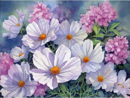 Cross-stitched pattern of flowers with white, purple, and pink colors on a blue background.