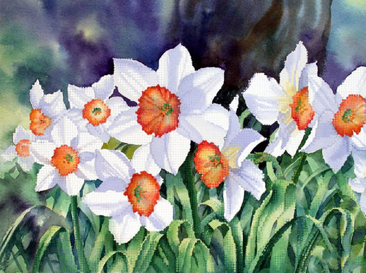 Artistic depiction of white flowers with orange centers on a blurred natural background