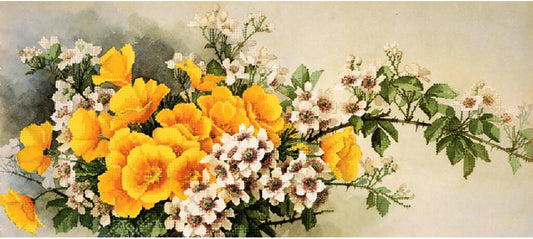 Vintage-style illustration of a floral arrangement with yellow and white flowers on a textured background