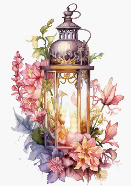 Decorative lantern surrounded by colorful flowers on a white background