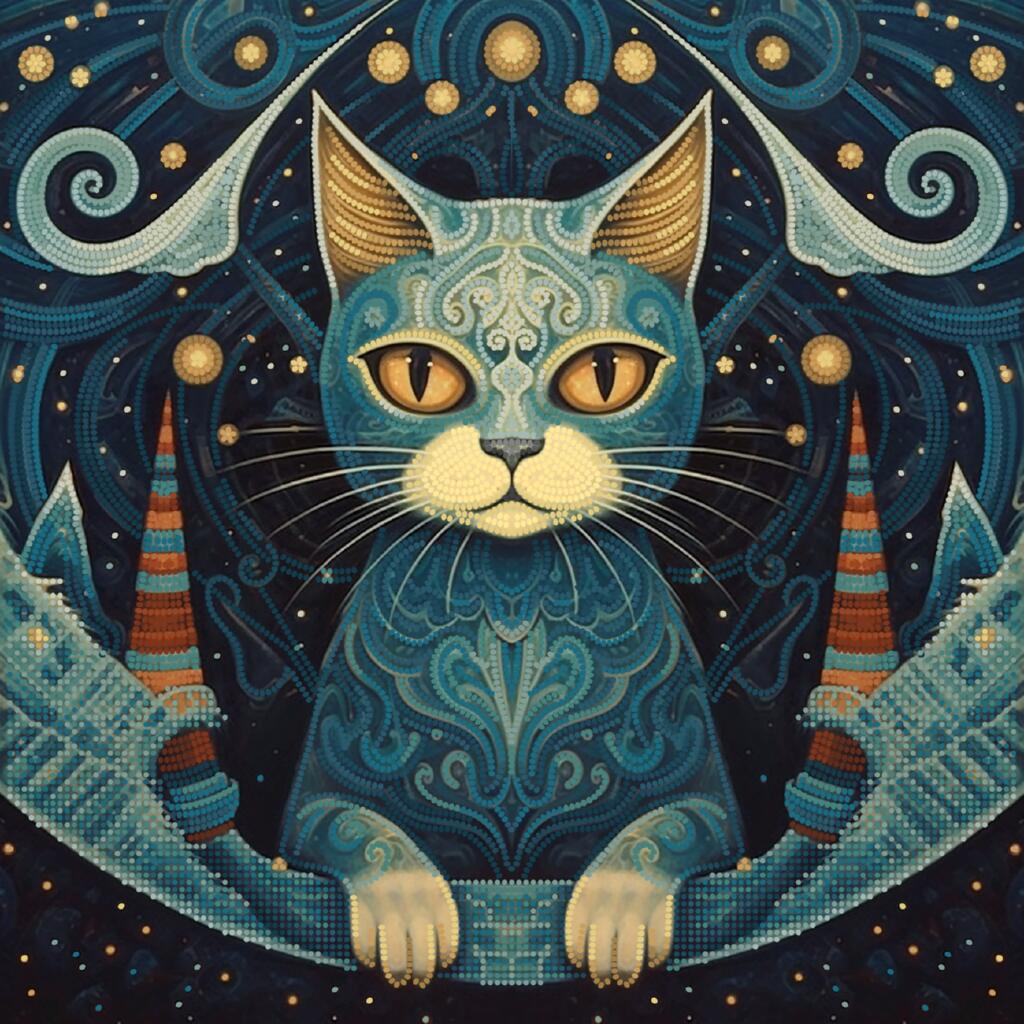 Decorative cat illustration with intricate patterns and celestial elements